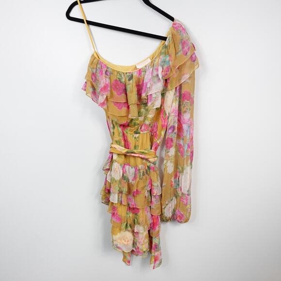 Rococo Sand Avar Belted One Shoulder Peasant Sleeve Yellow Floral Dress Large - Picture 4 of 9